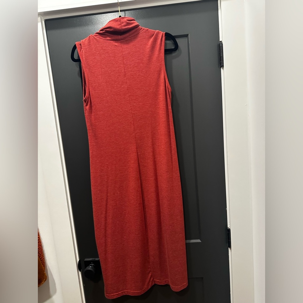 Allen Allen Midi Length Sleeveless Mockneck dress 
Color: Burnt Red